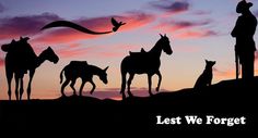 the silhouettes of horses, dogs and birds against a sunset sky with text that reads last we forget