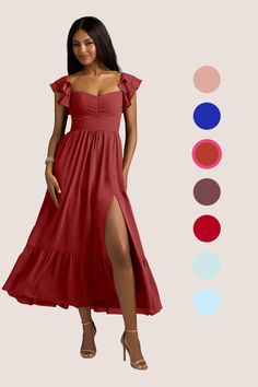 a woman in a long red dress with her legs slited up and the color options are