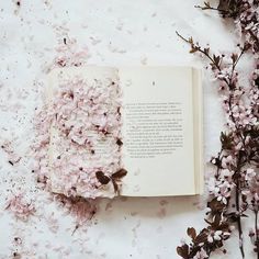 an open book sitting on top of a white table next to pink flowers and leaves