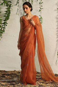 Shop for Charkhee Orange Nakshi Work Saree With Chanderi Blouse for Women Online at Aza Fashions Gorgeous Indian Dresses, Diwali Saree Look Traditional, Brown Organza Saree, Bridal Saree Look, Orange Organza Saree, Cloths References, Orange Sarees, Diwali Saree, South Indian Saree