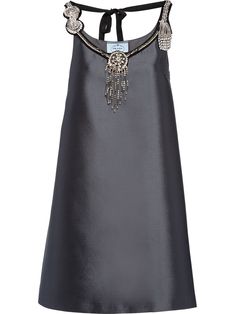 Iron grey silk embroidered A-line dress from PRADA featuring embroidered design, U-neck, rear tie fastening, sleeveless, A-line and thigh-length. | Prada embroidered A-line dress Embroidered Choker, Hand Embroidered Necklace, Prada Dress, Embroidered Necklace, Eyelet Lace, U Neck, Flared Skirt, Embroidered Silk, Couture Collection