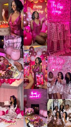 collage of photos with women in pink dresses at a party and balloons all around the room