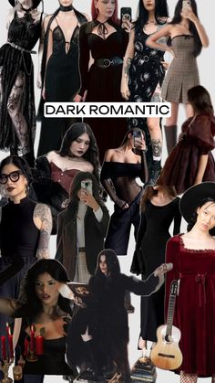 a collage of women dressed in gothic clothing and accessories, with the caption dark romantic