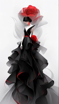 a woman in a black and white dress with a red rose