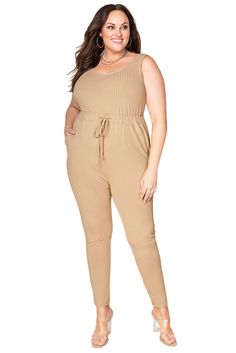 Apricot Ribbed Drawstring Waist Plus Size Sleeveless Jumpsuit Plus Size Jumpsuit, Sleeveless Jumpsuits, Drawstring Waist, Plus Size Outfits, Jumpsuit Romper, Jumpsuit, One Piece, Plus Size, Clothes