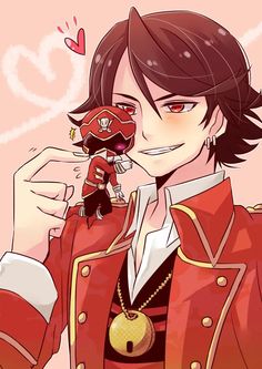 an anime character holding a stuffed animal in his right hand and wearing a red jacket