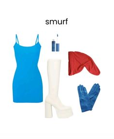 a woman's clothing and accessories are arranged in the shape of a smurf