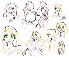 some drawings of princesses and their faces in various poses, with different hair colors