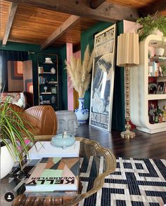 a living room filled with lots of furniture and decor on top of a wooden floor