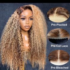 Wear And Go Wig - Ombre Hair Color Honey Blonde Highlight Curly 5x5 Hd Closure Wig With Brown Roots 26 Inch Hair Length And 200 Density Wigs For Kids, Curly Wig With Locs, 4c Blonde Hair, Black To Blonde Hair, Honey Hair Color, Honey Blonde Highlights, Hair Wear, Closure Wig, Ombre Hair Color