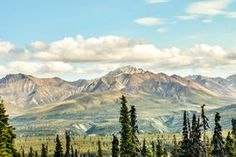 the mountains are covered with snow and trees in the foreground is a blue sky