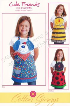 the children's apron and dress pattern is shown in three different styles, including one with