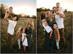 a family is posing for pictures in a field