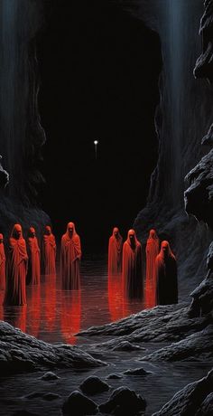 a group of people standing in front of a dark cave with red lights on them