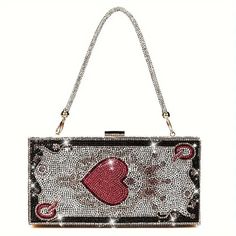 Rectangular box shaped handbag to add glam to your outfit. Covered with multicolor crystals with pink heart or rose decor on front. Opening of the purse is shiny gold and has a clasp closure. You can change the look with one detachable decorative strap and 2 chain straps. Straps are attached with lobster clasp. 8" l x 2.25" w x 4" h Elegant Clutch For Valentine's Day Gift, Handheld Evening Bag For Valentine's Day, Elegant Valentine's Day Gift Clutch, Valentine's Day Handheld Evening Bag Gift, Valentine's Day Gift Handheld Evening Bag, Gold Heart-shaped Formal Bag, Pink Formal Bag For Valentine's Day, Elegant Valentine's Day Rectangular Evening Bag, Luxury Heart-shaped Shoulder Bag As Gift