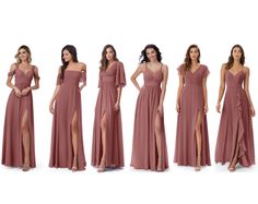 the bridesmaid dresses are all different styles and colors, but they have one side slit