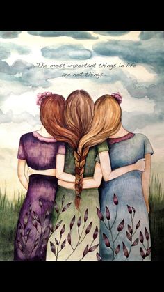 three girls with long hair are standing in front of the sky and grass, hugging each other