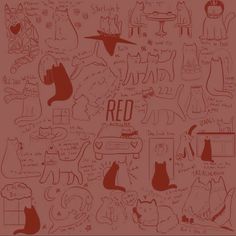 a red background with cats and dogs drawn on it's sides, including the word red