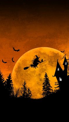 a full moon is in the background with silhouettes of witches flying over a house