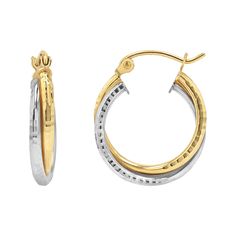 Two-Tone Double Hoop Earrings Double Hoop Earrings, One Earring, Yellow Gold Jewelry, Day And Night, Personalized Necklace, Bridal Earrings, Diamond Cut, Gold Metal, Solid Gold