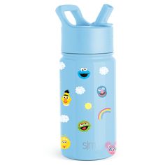 a blue water bottle with sesame characters on it's side and the word, smm