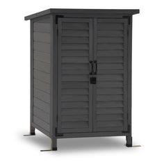 an outdoor storage cabinet with shutters on the sides and door open to reveal it's contents