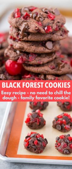 chocolate cookies with cherries on top and the words black forest cookies above it in red