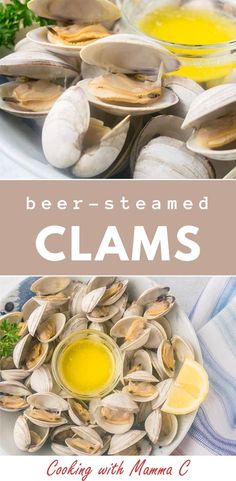 clams and beer on a table with text overlay that reads beer - steamed clams cooking with momma c