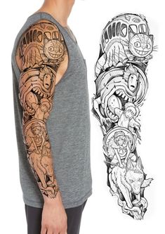 a man with tattoos on his arm next to an image of the character from adventure time