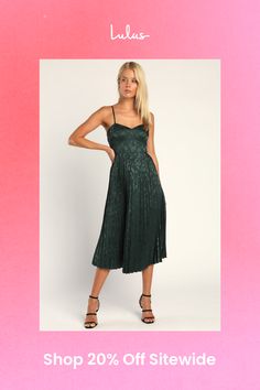 You'll never be lacking a stylish party dress when you've got the Lulus Chic Sensibility Dark Green Satin Jacquard Pleated Midi Dress! Sleek woven satin, with floral embossing, shapes adjustable spaghetti straps that support a bustier-inspired bodice with a high waist. Skirt features elegant pleating as it falls to a midi hem. Hidden zipper/clasp at back. Fit: This garment fits true to size. Length: Knee to mid-calf length. Size medium measures 39" from adjustable straps to hem. Bust: Great for any cup size. Waist: Fitted - very fitted at natural waist. Hip: Not Fitted - fuller skirt allows room for hips. Undergarments: May be worn with a strapless bra, adhesive bra, petals, or no bra. Fabric: Fabric has no stretch. Lined. Shell: 97% Polyester, 3% Spandex. Lining: 100% Polyester. Hand Wash Elegant Green Jacquard Dresses, Green Jacquard Dress For Formal Occasions, Glamorous Jacquard Party Dresses, Formal Green Jacquard Dress, Spring Jacquard Midi Party Dress, Summer Jacquard Midi Dress For Party, Satin Midi Dress For Dinner And Party Season, Satin Midi Dress For Dinner Parties, Spring Party Jacquard Midi Dress