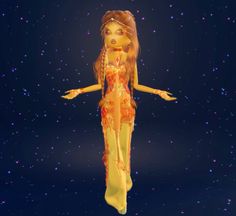 a woman with long hair wearing a yellow dress standing in the middle of some stars