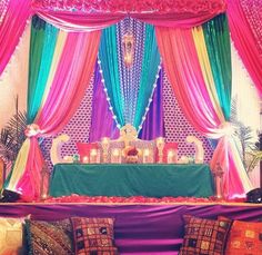 Pink, coral, yellow, green, and teal wedding drapery. Sangeet Inspiration, Pink Indian Wedding, Morrocan Theme, Indian Party Themes, Wedding Drapery, 25th Wedding Anniversary Party, Moroccan Theme, Indian Theme