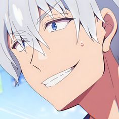 an anime character with white hair and blue eyes looks at the camera while wearing a red shirt