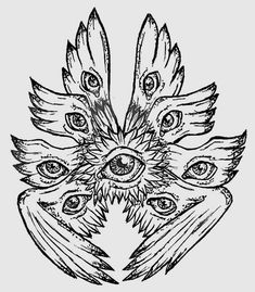 a drawing of an owl with feathers on it's head and eyes drawn in black ink