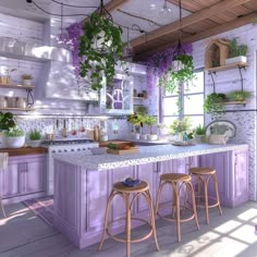 an image of a kitchen setting with flowers on the counter top and plants hanging from the ceiling