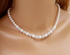 Free US Ship Graduated Swarovski Pearl And Rhinestone Bridal Necklace With Backdrop Pearl And Rhines Wedding Pearl Necklace With Rhinestones, Wedding Rhinestone Necklace With Pearl Chain, Pearl White Rhinestone Necklace For Wedding, White Rhinestone Necklace With Pearl Chain For Wedding, Necklace Bridal, From Santa, Rhinestone Bridal, Rhinestone Wedding, Swarovski Pearls