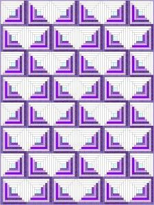 a purple and white quilt with squares in the middle, on top of each other