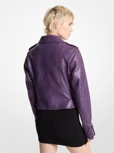 Made from crinkled Napa leather, this cropped jacket was designed to make a statement. Classic moto-jacket details—epaulets, exposed zippers, belted waist tabs, a faux coin pocket—complement the unexpected hue. Wear it to give any look a dose of downtown cool. Fitted Leather Jacket With Belt Loops For Spring, Chic Fitted Belted Biker Jacket, Chic Fitted Biker Jacket With Belt Loops, Fitted Biker Jacket With Belt For Spring, Cropped Moto Jacket, Jacket Details, Exposed Zipper, The Unexpected, Cropped Jacket