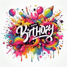 happy birthday card with colorful splashs and balloons