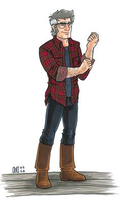 an older man in plaid shirt and boots standing with his hands folded up to the side