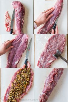 four pictures showing how to cut up raw meat with a knife and seasoning sprinkles