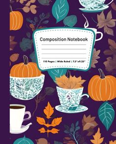 the composition notebook is filled with autumn leaves and pumpkins