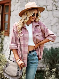 Pink Plaid Shacket With Pockets For Spring, Spring Plaid Shacket With Pockets, Pink Winter Casual Shacket, Pink Casual Winter Shacket, Casual Pink Winter Shacket, Casual Pink Shacket For Winter, Spring Plaid Shacket, Pink Collared Shacket With Pockets, Trendy Pink Button-up Shacket