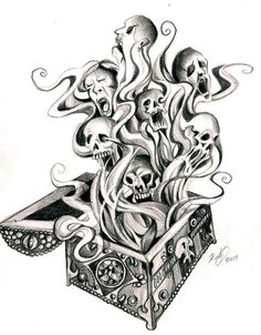 a drawing of some skulls in a box