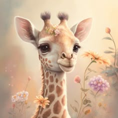 a painting of a giraffe with flowers on it's head