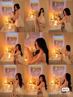 several pictures of a woman sitting at a table with candles in front of her face