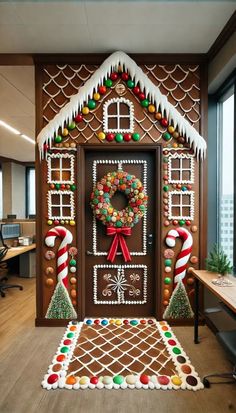 a gingerbread house decorated with candy canes and pretzels for the front door