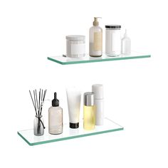 two shelves with different types of items on them and one shelf holding soap, toothbrushes, and lotion bottles