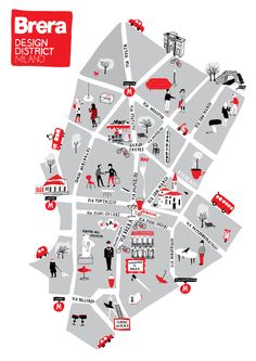 a map with people walking around it and some buildings on the other side, in red