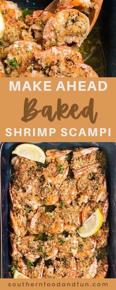 baked shrimp scamps in a baking pan with lemon wedges